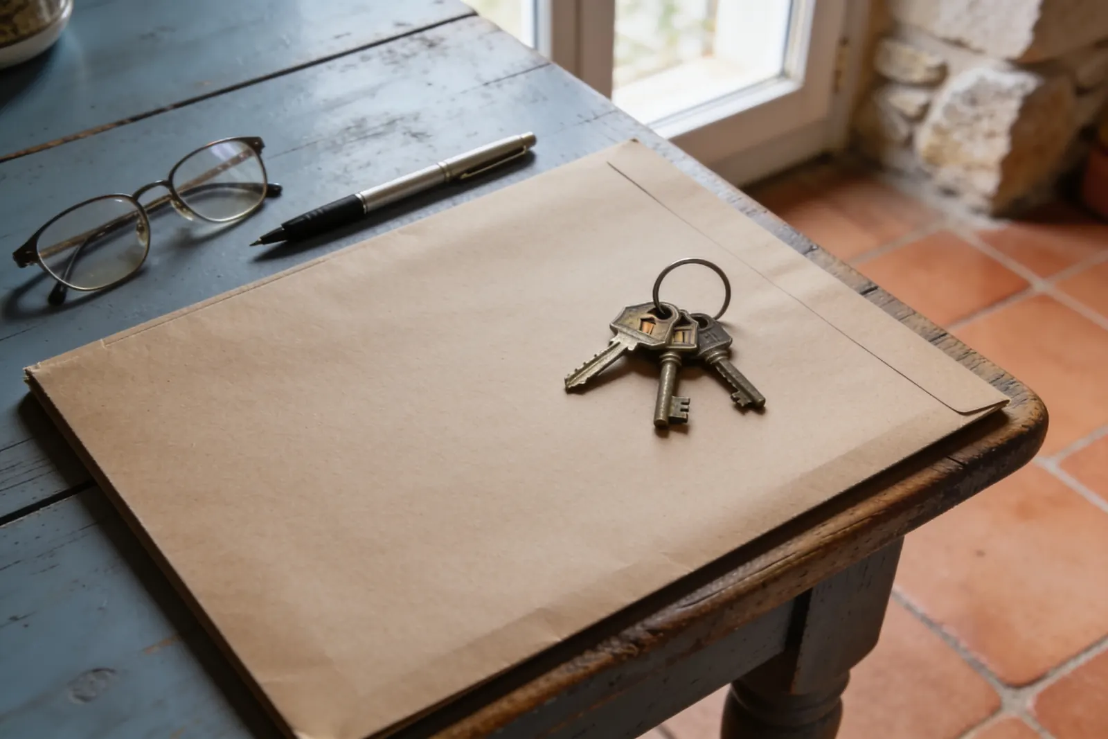 Les clés de la maison des parents posées sur un dossier, sur une table de cuisine