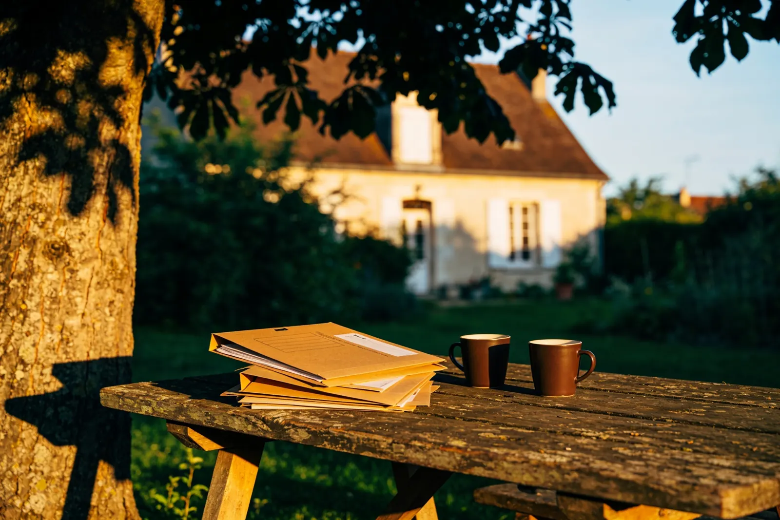Une table de jardin devant la maison de famille, des dossiers et deux tasses de café